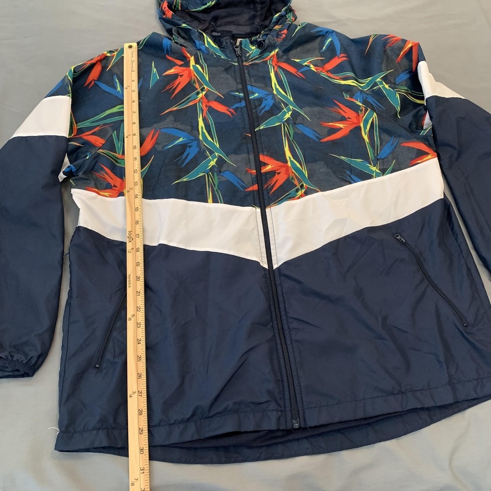 Russell Jacket Mens 2XL Blue Tropical Floral Hooded Windbreaker Zip Pockets - Picture 4 of 6